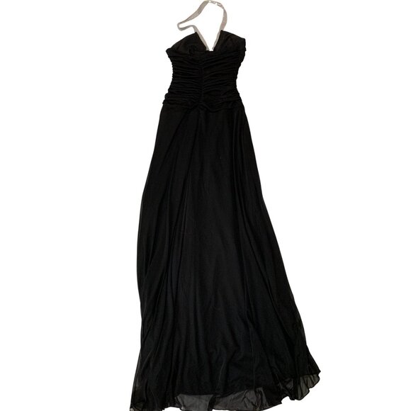 B Smart Sz 9/10 Formal Black Maxi Dress Silver Sequin Halter Ruched Y2K 8836 - Picture 3 of 11